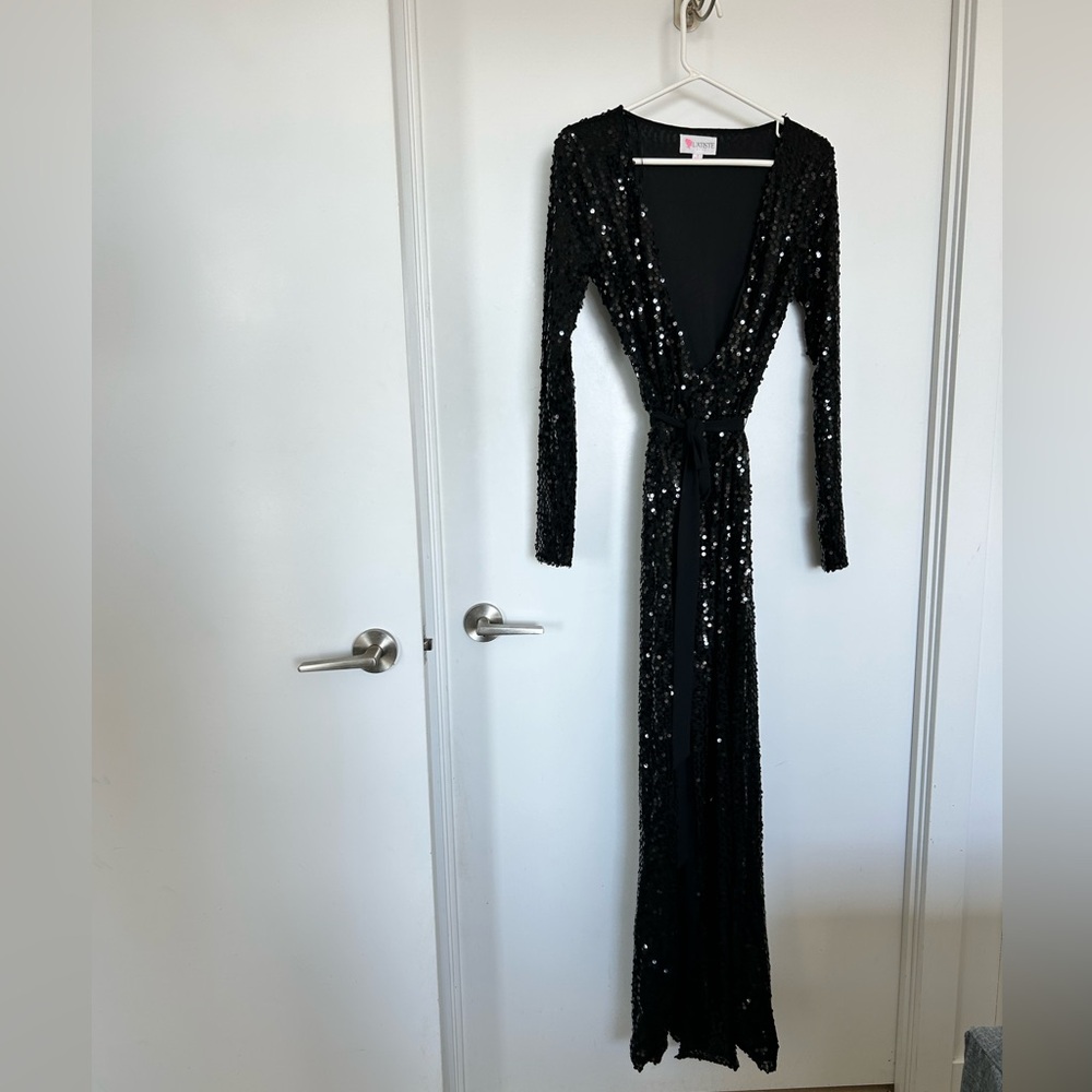 Black Sequin Wrap Maxi Dress - Women's Evening Gown